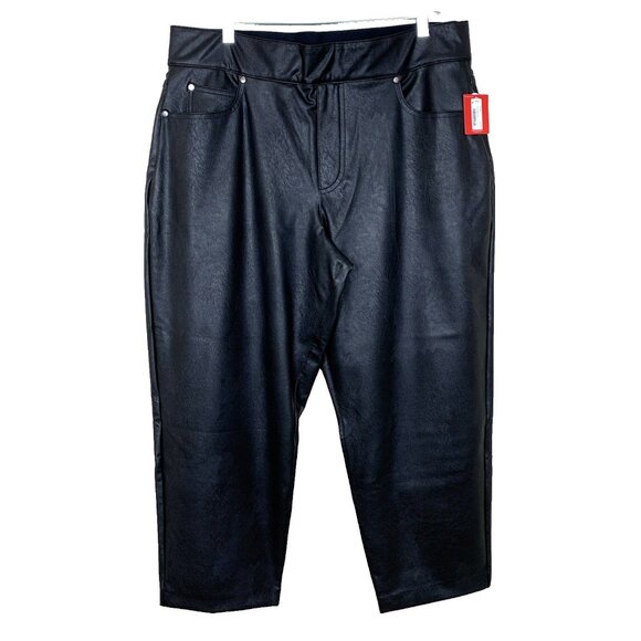 Spanx Womens 1X Petite Pants NEW Black Faux Leather Slim Straight Leg Stretch - Picture 1 of 16